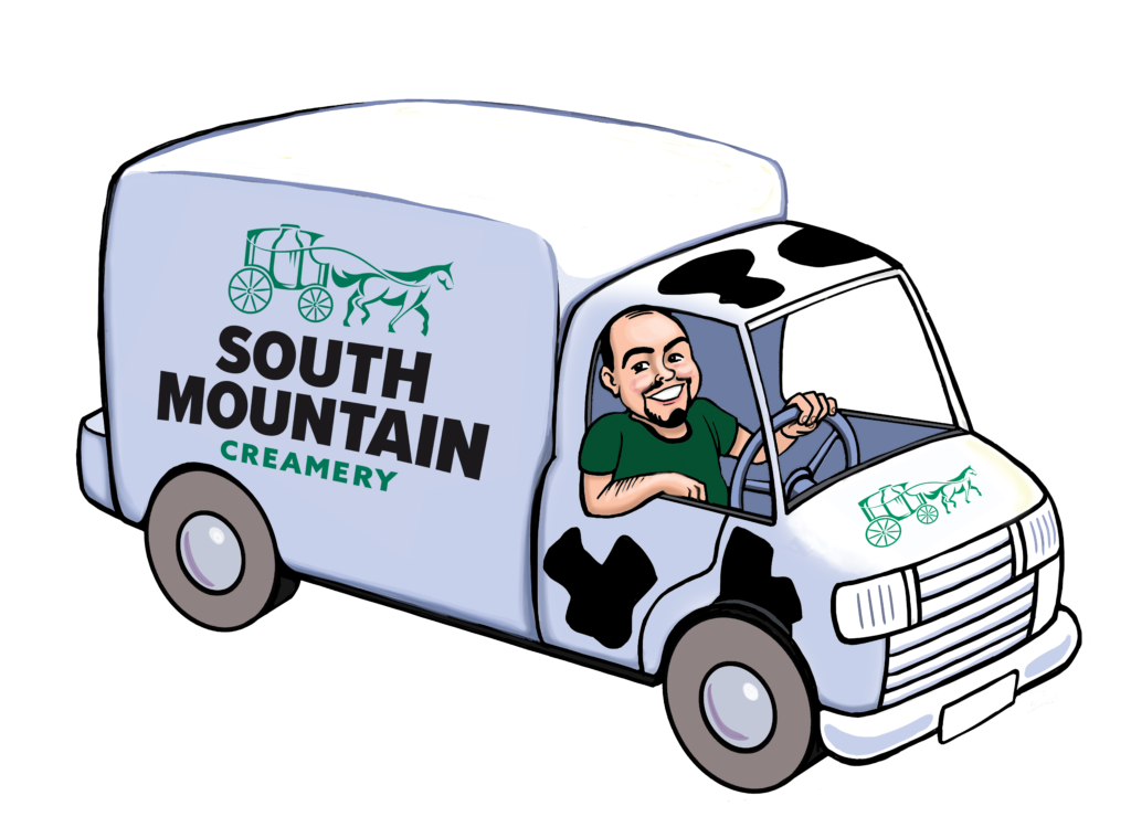 Illustration of a man driving a South Mountain Creamery branded delivery truck