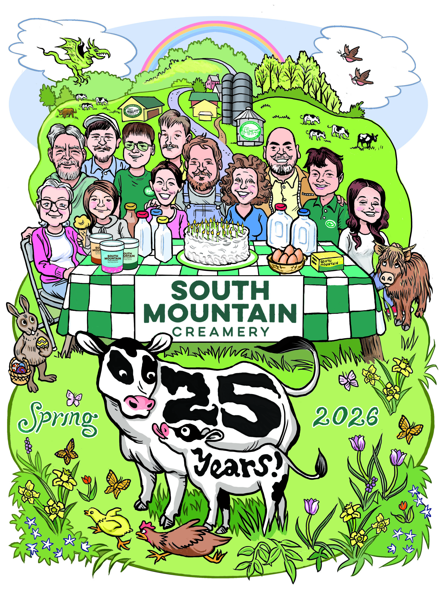 Multicolored Easter eggs spill out of an Easter basket.