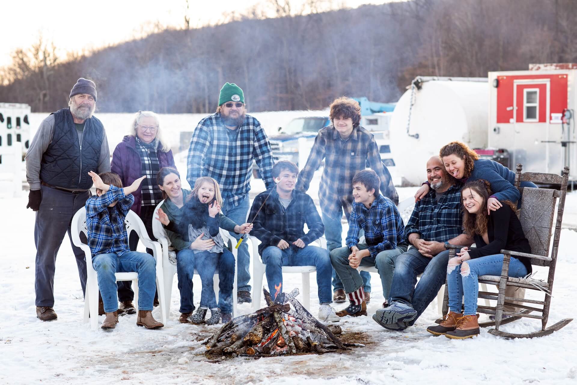 Winter photo of the family with snow