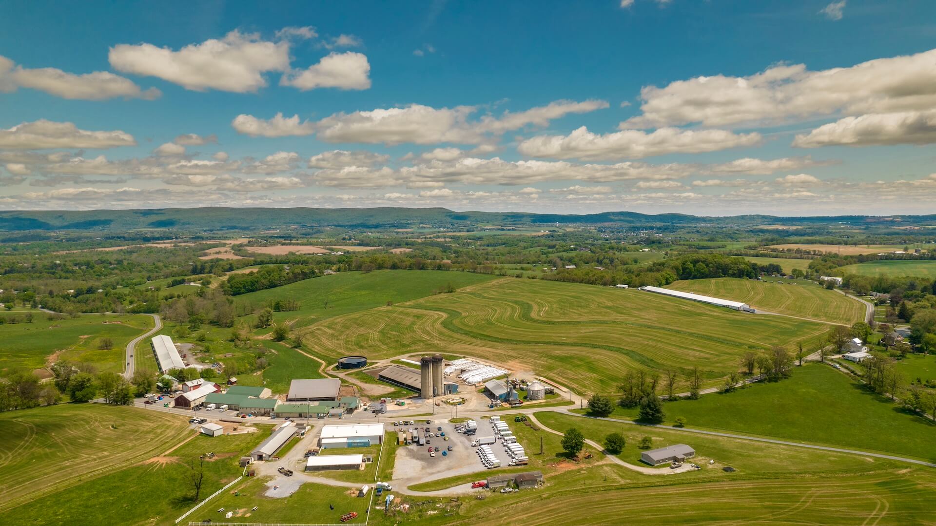 arial drone shot from above the farm showing the acreage
